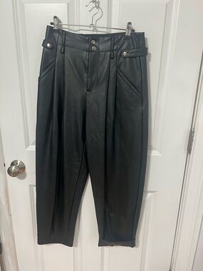Anthropologie Black Faux Leather Pleated High-Waist Pants